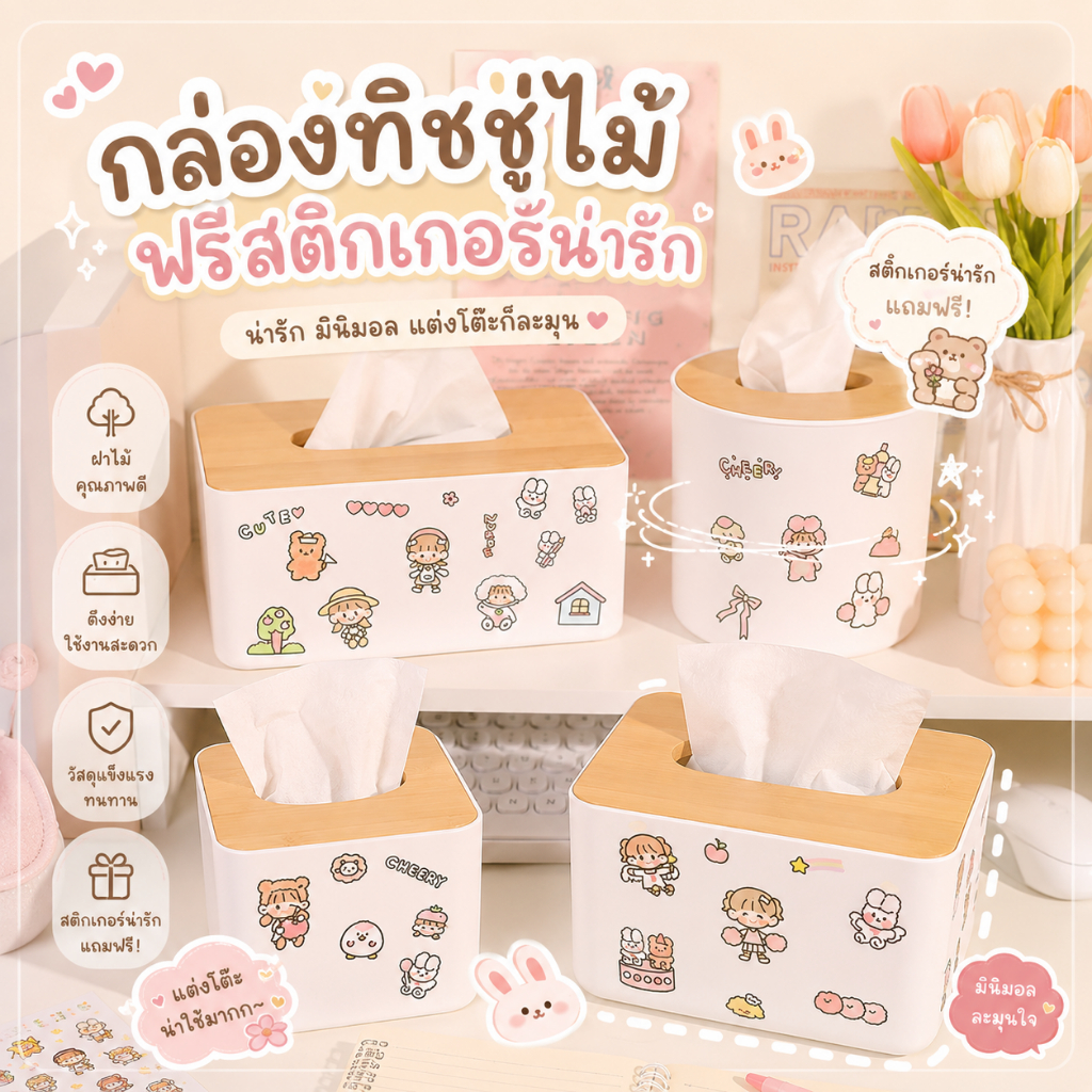 ส่งด่วน ฟรี (💖Sticker👩🏻‍❤️‍👩🏼)กล่องทิชชู่ไม้ กล่องทิชชู่ Wood Tissue Box แบบไม้สไตล์ยุโรป