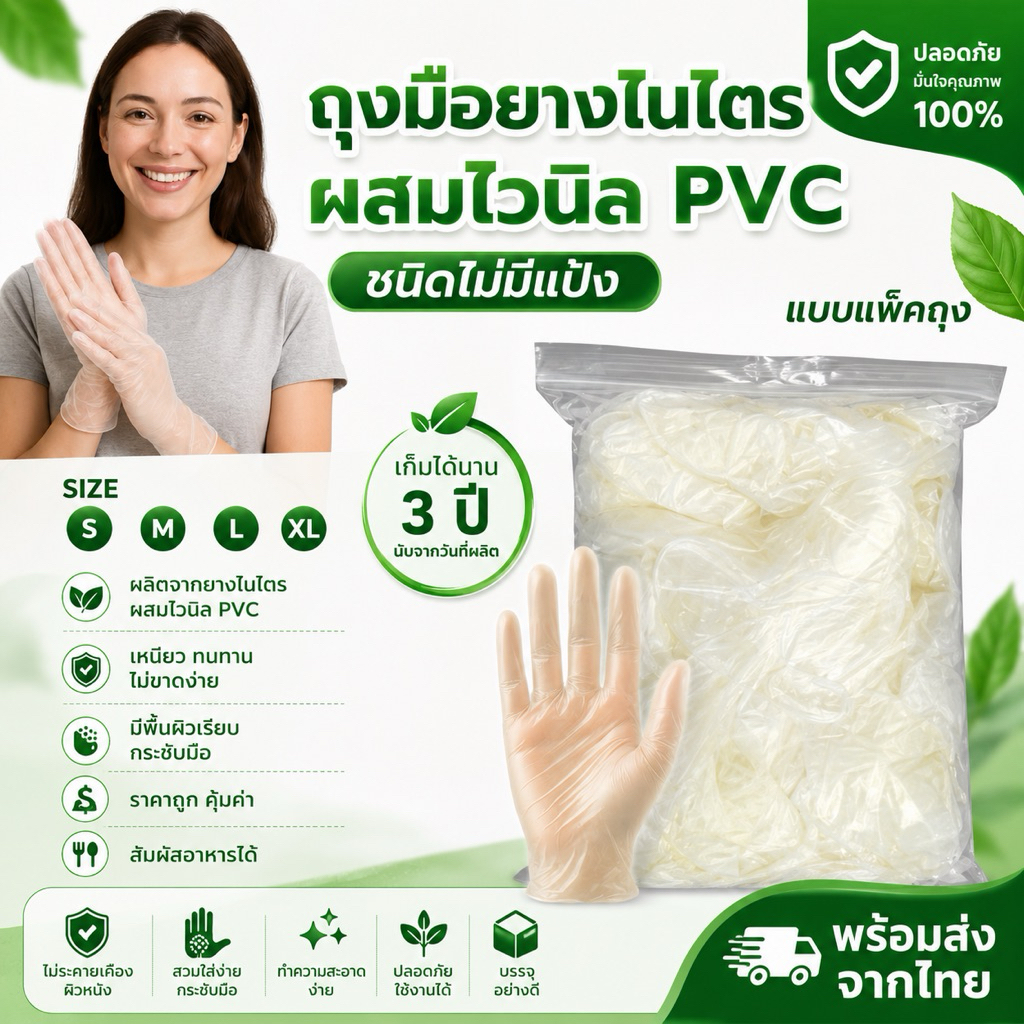 ถุงมือไนไตรไวนิล pvc ถุงมืออเนกประสงค์ สีใส (แบบแพ็คถุงอย่างดี) เหนียว ทนทาน  อย่างหนา พร้อมส่ง