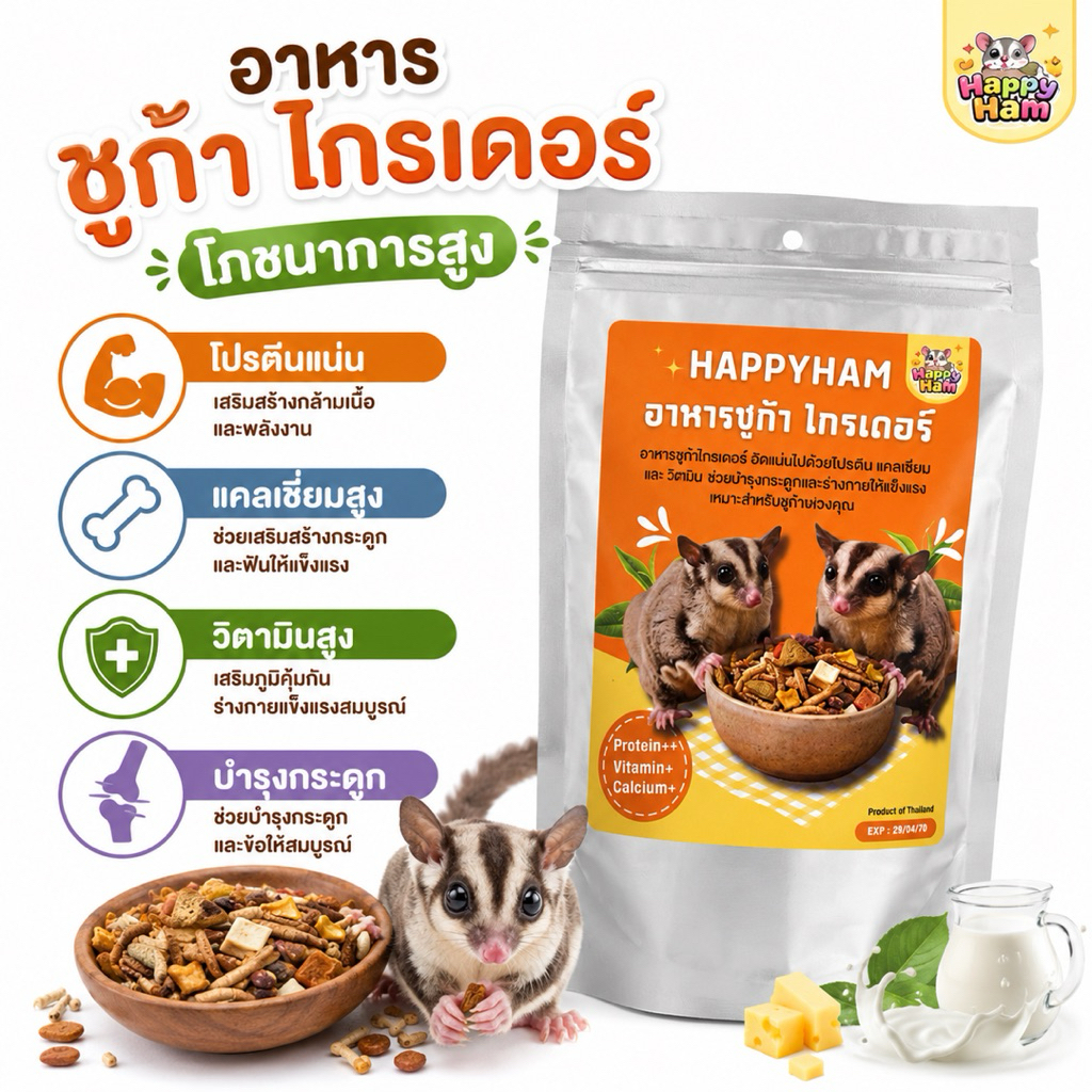 อาหารชูก้าไกรเดอร์ HAPPYHAM โภชนาการสูง สูตรโปรตีนและแคลเซียม
