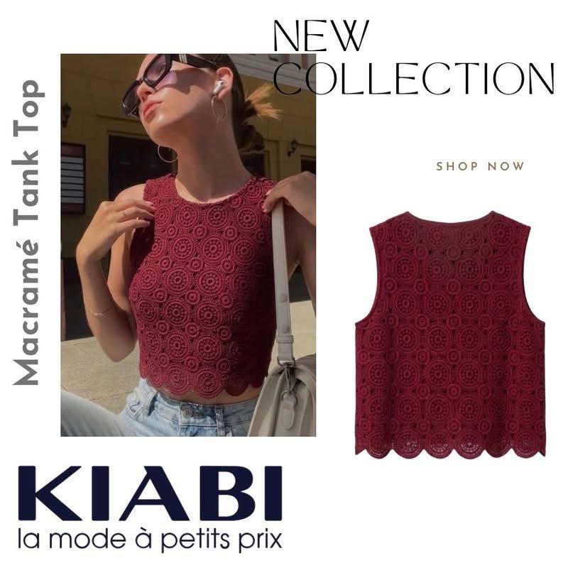 88 OUTLET📍KIABI เสื้อทรงครอปแขนกุด คอกลม ลายถักโครเชต์ที่มีลวดลายซ้ำกันเป้นวงกลมคล้ายดอกไม้ เนื้อผ้ามีความโปร่งใส