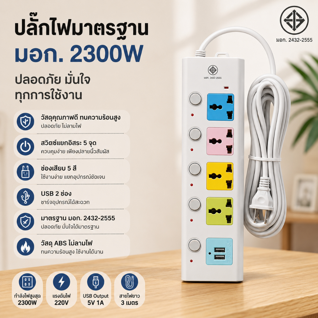 ปลั๊กไฟ 3ขา 2300W มี USB + Type-C สายยาว 3/5 เมตร รับประกัน 3 ปี ปลั๊กพ่วงอเนกประสงค์