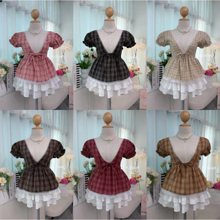 เสื้อคอวีแขนตุ๊กตา detail แต่งลูกไม้ลายสก็อตน่ารักทรงคอ V ลึกผูกโบว์หน้า