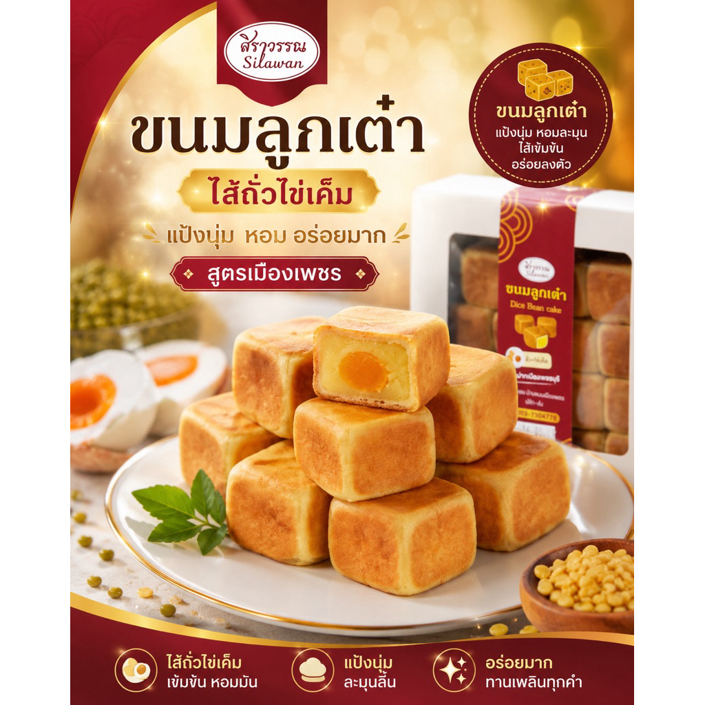 ขนมลูกเต๋าโบราณไส้ถั่วไข่เค็ม[1กล่อง15ลูก]