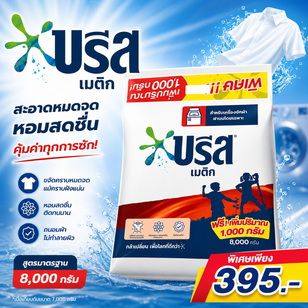 [1ถุง] ผงซักฟอกบรีสเมติก สูตรมาตรฐานแบบถุงเติม 8000 กรัม