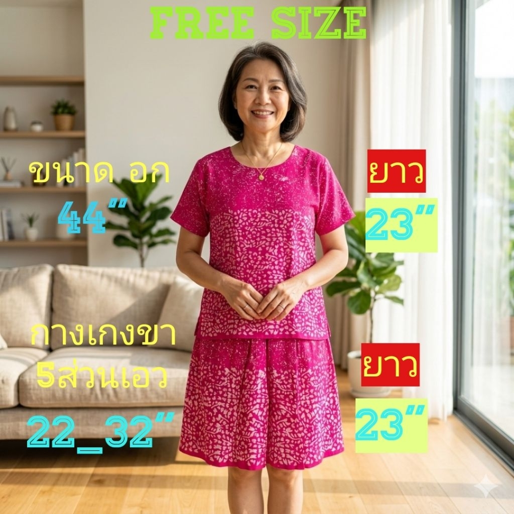 #15(Free Size)ชุดคอกระเช้า มีแขน ลายดอก เสื้อคนแก่(เสื้อ+กางเกง) ผ้าcottonมีกระเป๋าสองข้างทั้งสองด้าน.ขนาดอก=44",ยาว=23"