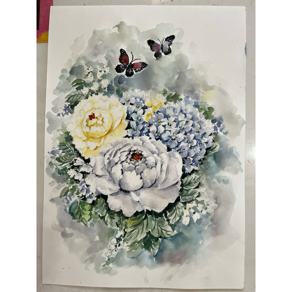 ภาพวาดดอกไม้ ภาพวาดสีน้ำ ขนาดA3/29.7x42cmนำไปใส่กรอบตกแต่งให้สวยงาม