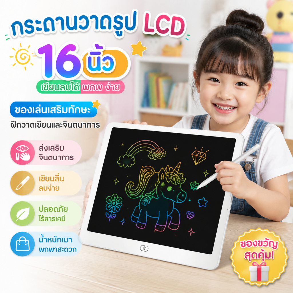 กระดานเขียน LCD สำหรับเด็ก กระดานวาดรูปลบได้ พร้อมปากกา ลบในปุ่มเดียว หน้าจอถนอมสายตา ใช้งานง่าย