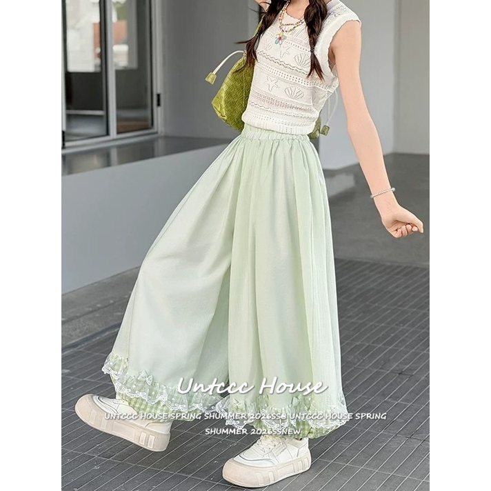 [Lace Trim Gingham Cuff Wide Leg Pants] กางเกงขากว้างขอบลูกไม้ลายตารางสำหรับผู้หญิงสไตล์หวานและสดใส