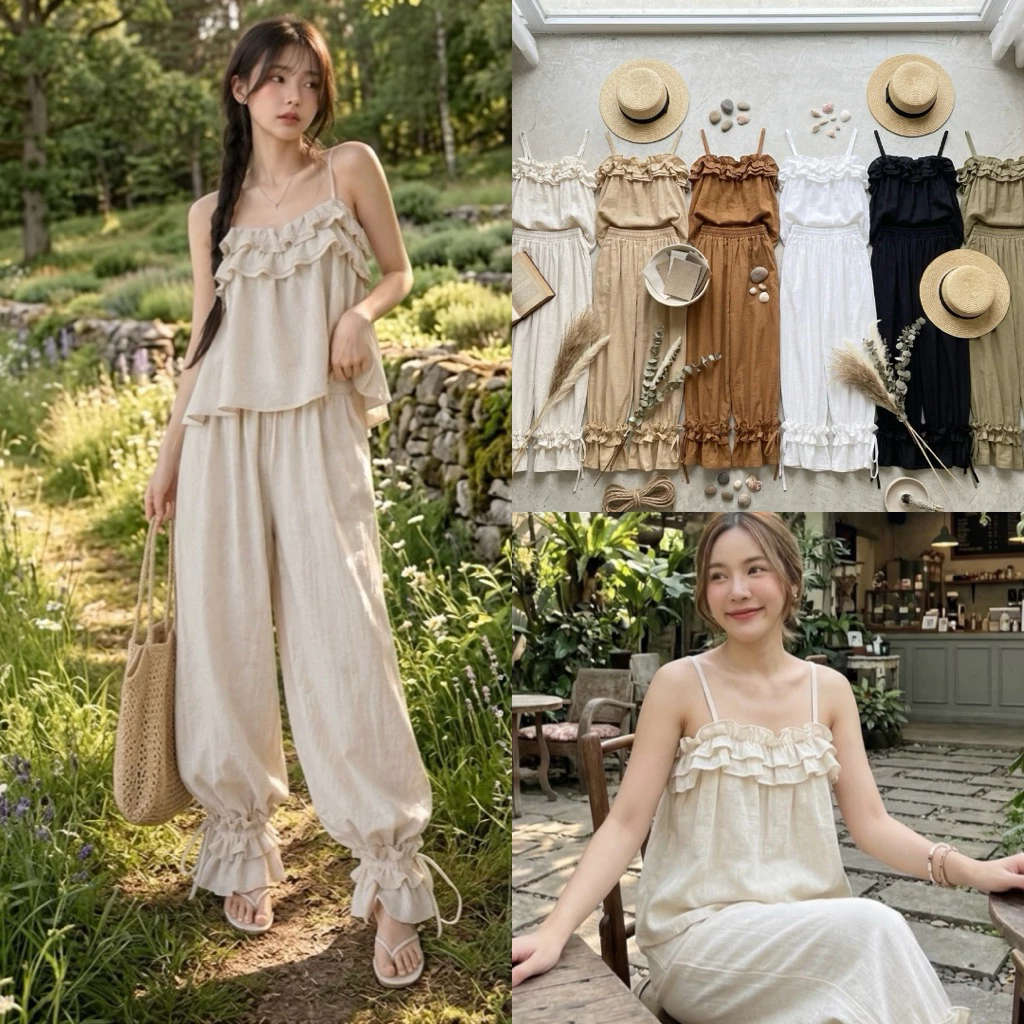 T35901เสื้อสายเดี่ยว/กางเกงขายาวทรงจินนี่ผ้าลินิน
