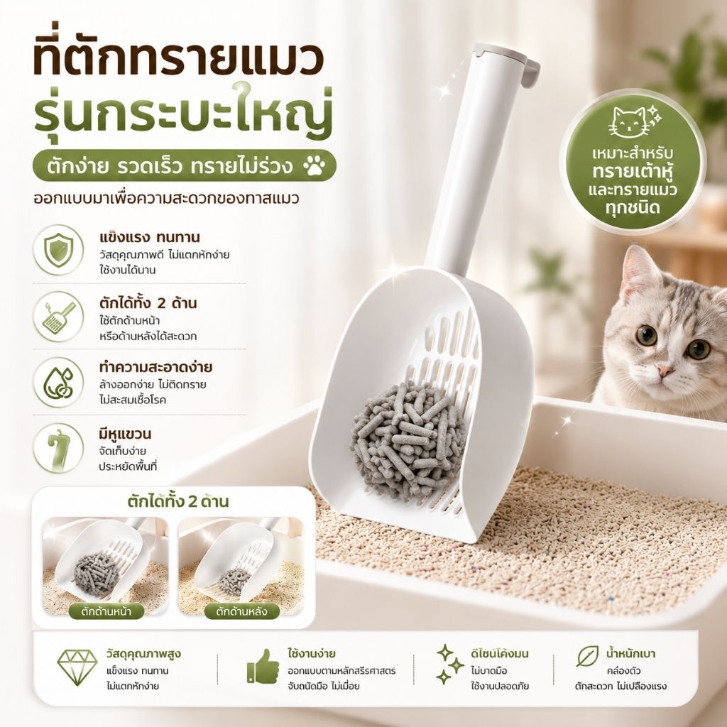 ที่ตักทรายแมว พลั่วตักทรายแมวสำหรับห้องน้ำแมวทุกชนิด ก้านแข็งแรง ใช้ได้รับทุกทราย