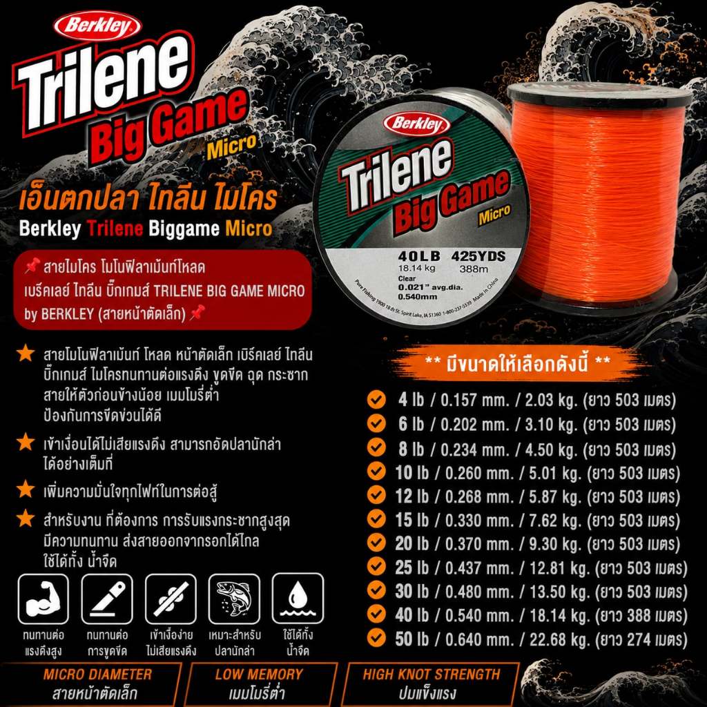 [พร้อมส่ง]เอ็นตกปลา ไทลีน ไมโคร Berkley Trilene Biggame Micro [ สีส้ม ]