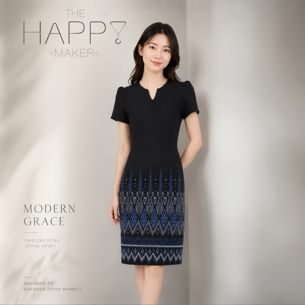 [แบรนด์ไทย] ชุดทำงานผ้าไทยสีดำ เดรสคอตีเกล็ดผ่านวีไม่ตัน ทรงวัยรุ่ย ไม่แก่ ไม่เชยใส่ได้ทุกวัย