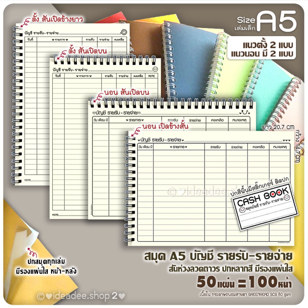 🔢สมุดบัญชี รายรับ-รายจ่าย A5 (เล่มเล็ก) ตารางแนวตั้ง 4 แบบ 50แผ่น=100หน้า ปกหลากสีมีรองแผ่นใส