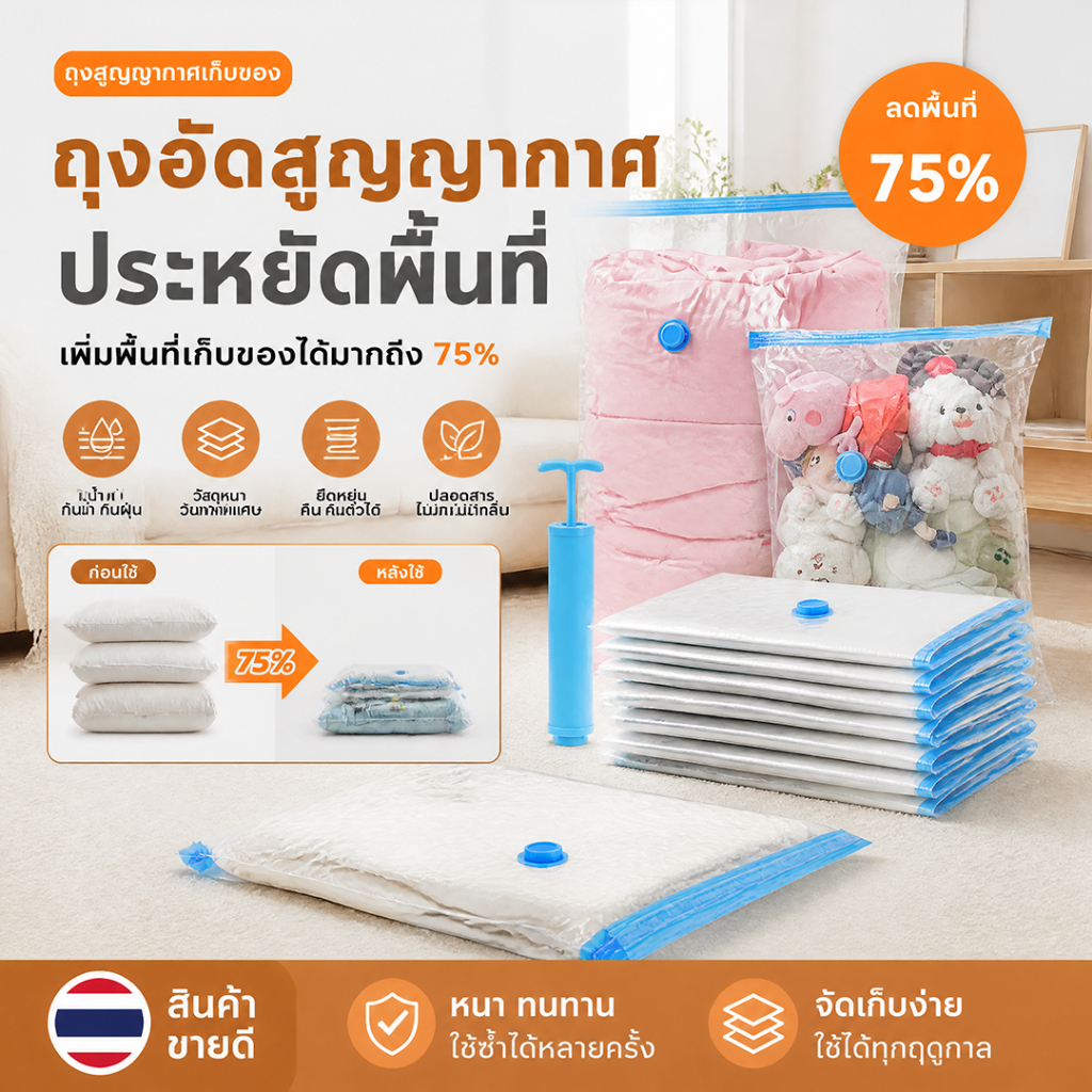 HB ถุงสูญญากาศ ถุงบีบอัด ถุงบีบอัดสูญญากาศ มีหลายขนาดให้เลือก（5pcs）มีปั๊มลมเพื่อป้องกันความชื้นและการเจริญเติบโตของเชื้อ