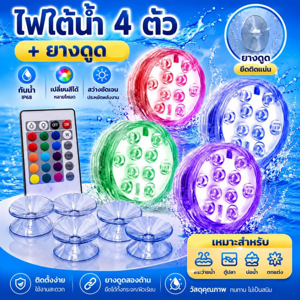 Takionไฟใต้สระ ไฟสระว่ายน้ำ (RGB เปลี่ยนสีเองได้)  ไฟตกแต่งสวน กันน้ำIP68ตกแต่งในน้ำสำหรับงานปาร์ตี้