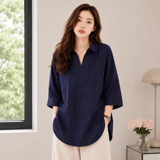 เสื้อเชิ้ตลายทาง แขน5ส่วน ทรงหลวม สไตล์เกาหลี M-4XL