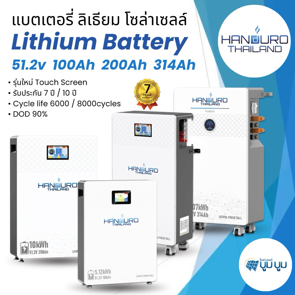 Lithium Battery ขนาด 25.6v 51.2V 100Ah 200Ah 280ah 300ah 314ah แบตเตอรี่ Handuro ประกัน 7ปี 10ปี IP6