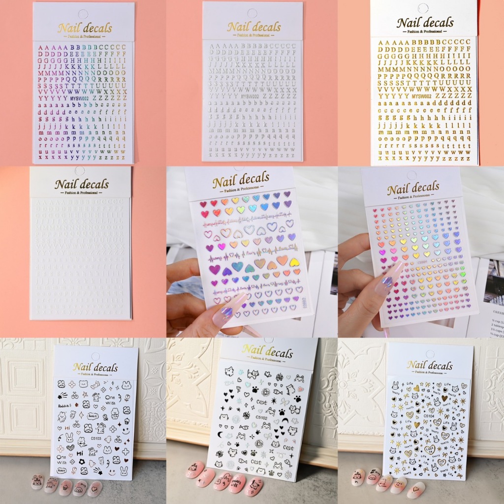 สติ๊กเกอร์ติดเล็บ ตัวอักษรABC การ์ตูนแมว หัวใจ เหมาะกับตกแต่งชิ้นงาน DIY Nail decals CU