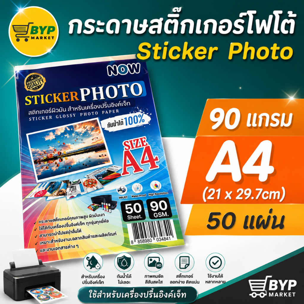 [มีส่งด่วน] สติ๊กเกอร์โฟโต้ รุ่นกันน้ำ15 A4 ผิวมันเงา (20, 50 แผ่น) สำหรับเครื่องปริ้น inkjet ทุกรุ่น กันน้ำได้