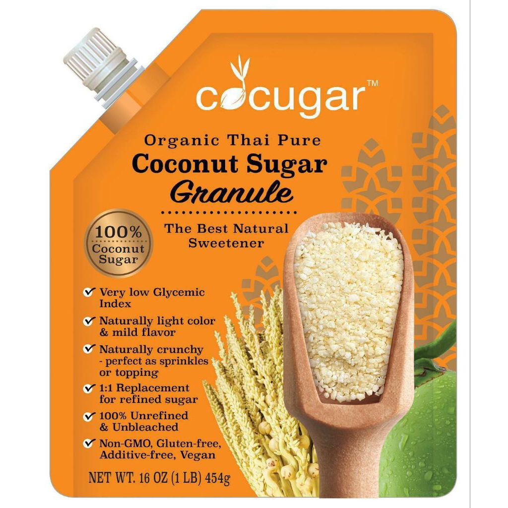 (ส่งฟรี) น้ำตาลดอกมะพร้าวแท้100% Organic (แพ็คเกจใหม่) (GI ต่ำ) (แบบเกล็ด)450g. มาตรฐาน USDA ปลอดภัยทานได้ระยะยาว