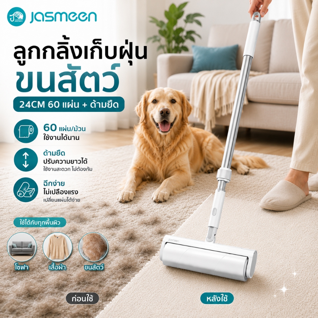 jasmeen ลูกกลิ้งเก็บขน ขนาด24cm 270°หมุน ที่กลิ้ง ม้วนกาว ลูกกลิ้ง ลูกกลิ้งเก็บขน ขจัดขนเหนียวและฝุ่นออกจากเสื้อผ้า