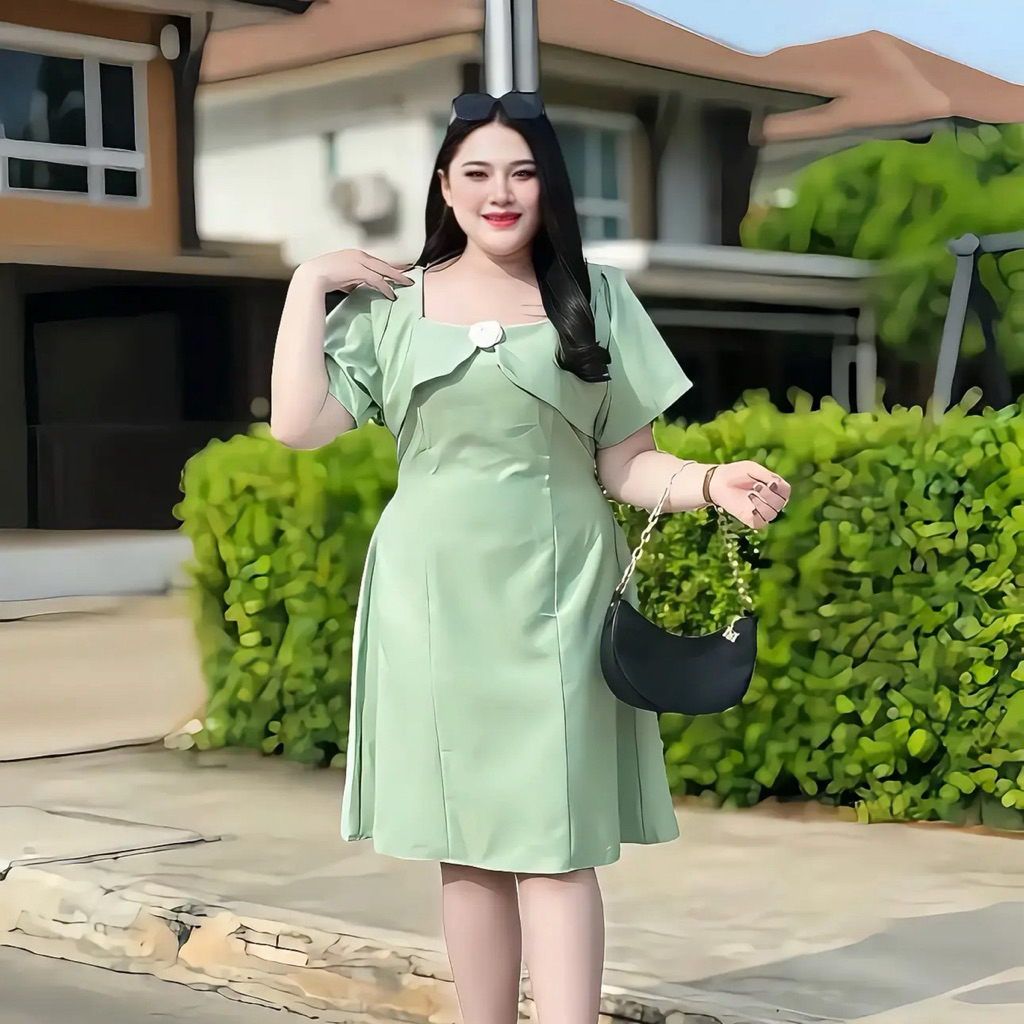 S222 เดรสคอเหลี่ยมแต่งกุหลาบ ผ้าบาร์บี้ 3ไซส์ อก40-60นิ้ว ดีไซน์สวยงาม ใส่ออกงาน ด้านหลังดึงยางสม็อกมีโบว์ผูกเอวหลัง