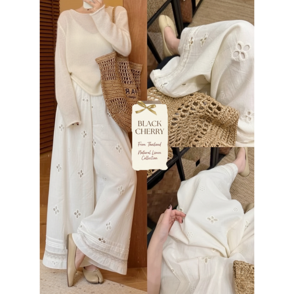 กางเกงลินินขายาว กางเกงขากว้าง เอวสูง ปักลายฉลุดอกไม้ แต่งชายลูกไม้ สไตล์มินิมอล Pants | Black Cherry