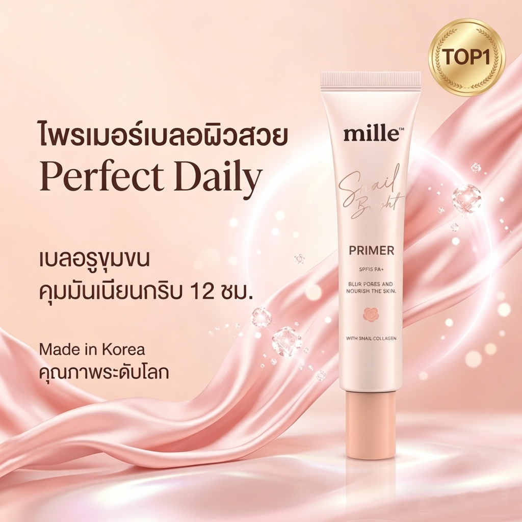 Mille ไพรเมอร์คอลลาเจน คุมมัน ชั่วโมง ผิวเนียนใส ติดทนนาน มิลเล่ สเนล ไพรเมอร์ คอลลาเจน ไบร์ท ปิดรูขุมขน SPF15 PA+ 15g