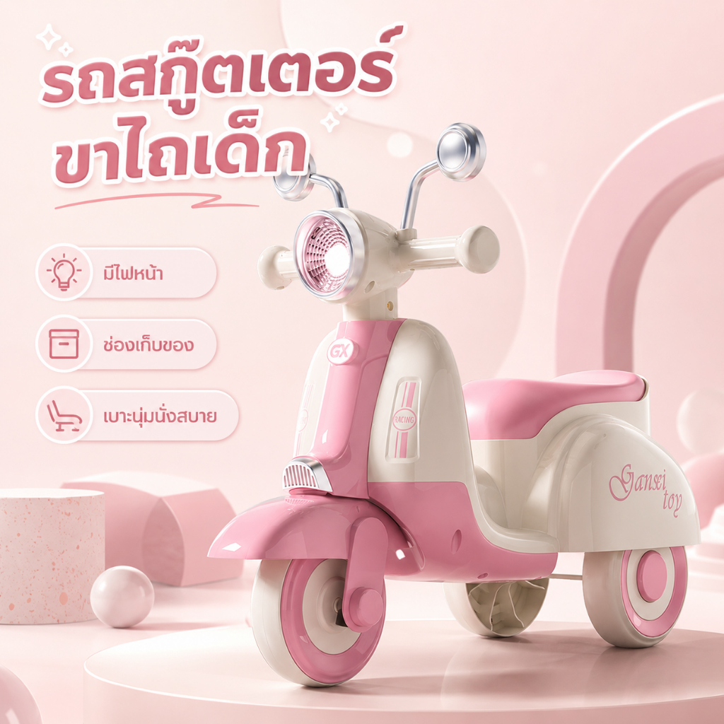 รถมอเตอร์ไซค์ขาไถเด็ก นั่งสบาย แข็งแรง ปลอดภัย ฝึกทรงตัว เพลง แสง รถของเล่นเด็ก
