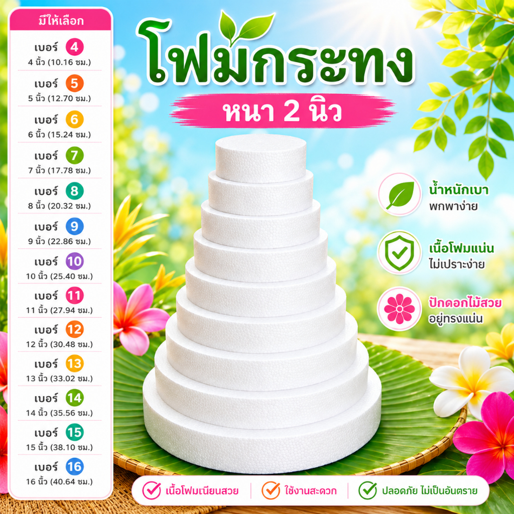 โฟม โฟมกระทงหนา 2นิ้ว มีหลายขนาด โฟมกลม โฟมแผ่น โฟมงานประดิษฐ์ โฟมทำบายศรี