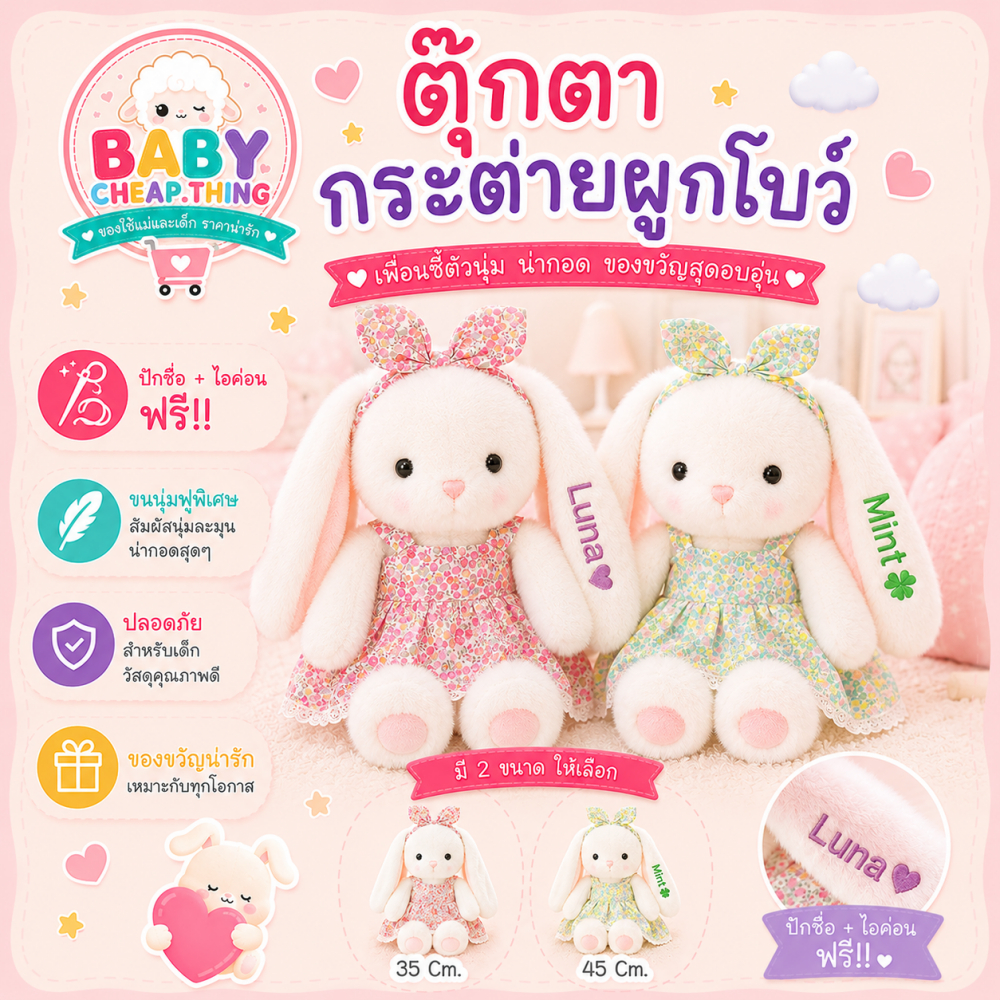 ปักชื่อฟรี!! *แจ้งชื่อทางแชทเท่านั้น - ตุ๊กตากระต่ายผูกโบว์ (Doll58)