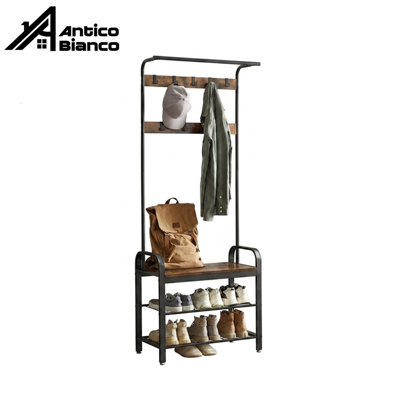 Antico ราวแขวนผ้ามีชั้นวางรองเท้า ราวแขวนเสื้อมีชั้นวางของ 3 ชั้น ไม้แขวนอเนกประสงค์และชั้นวางหมวก