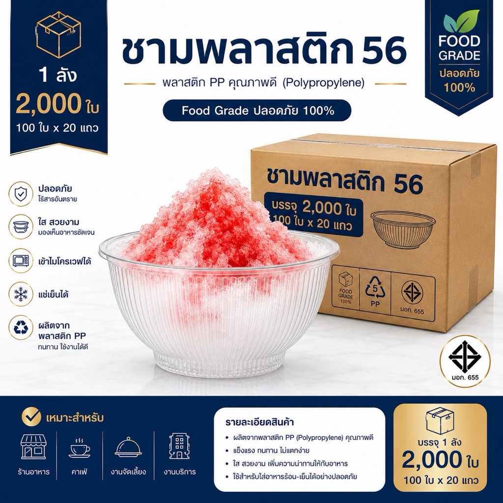 ชามพลาสติก 56 (ยกลัง) จำนวน20เเถว 2000ใบ ใช้กับฝา116ได้ ถ้วยใส่ของหวานน้ำแข็งใส
