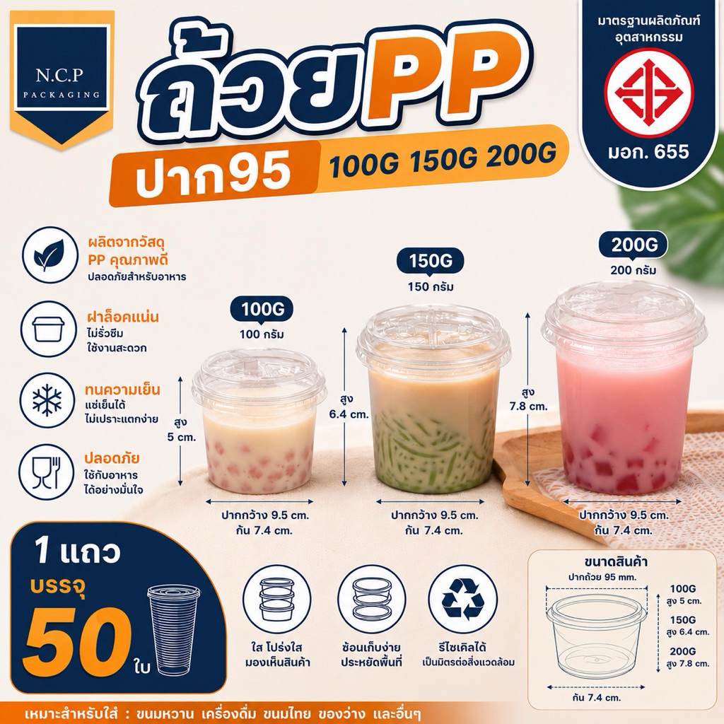 ถ้วย100กรัม 150กรัม 200กรัม เนื้อPP พร้อมฝาเรียบไม่เจาะ ฝาชาชีส เเละฝาโดมไม่เจาะ จำนวน50ชิ้น