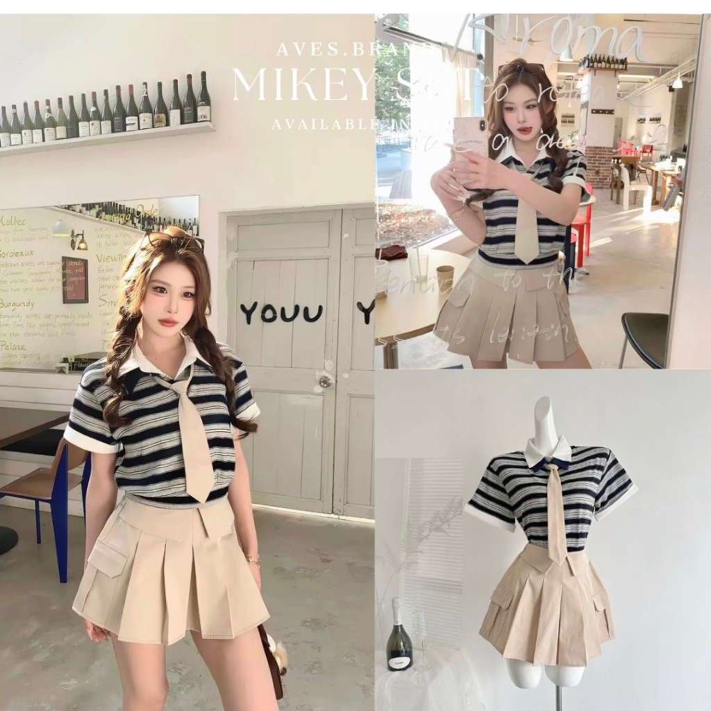 AVES.BRAND MIKEY SET ชุดเซ็ตเสื้อโปโลลายทาง พร้อมเนคไท และกระโปรง
