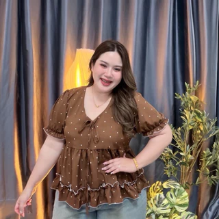Dottie Blouse (ง64) เสื้อสาวอวบพลัสไซส์ ผ้าพริ้วลายจุด คอผูกโบว์ พรางหุ่น อก38-54 นิ้ว