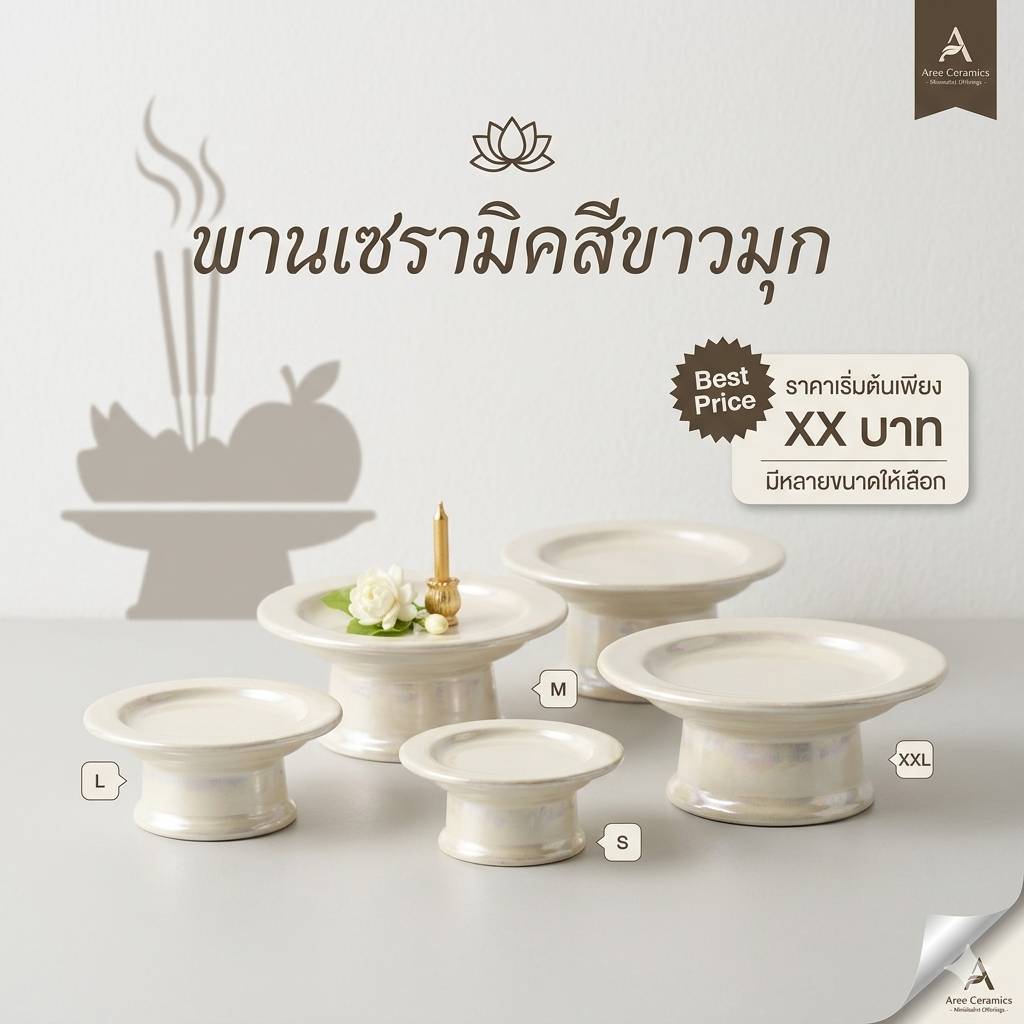 พานเซรามิคสีขาวมุก พานถวายของ พานมินิมอล มีให้เลือกหลายขนาด ราคาถูก