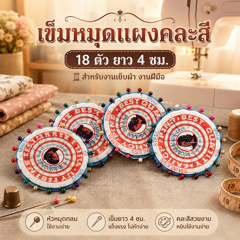 เข็มหมุดแบบแผง คละสี 18 ตัว ยาว 4 ซม. เข็มหมุด