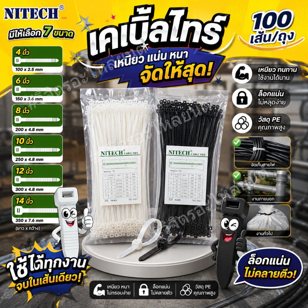 เคเบิ้ลไทร์ สายรัดไนลอน 4" 6" 8" (100เส้น/ถุง) ยี่ห้อ Nitech คุณภาพสูง Cable tire