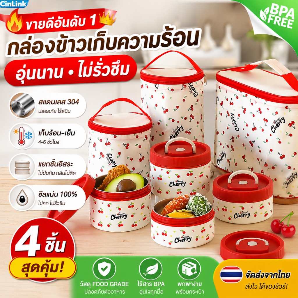 🍒กล่องข้าว 2/3/4 ชั้น ปิ่นโต กล่องอาหาร วัสดุสแตนเลสสตีล 304 สแตนเลสช้อนตะเกียบ + ถุงบรรจุ ฟรี กันรั่ว เก็บร้อน