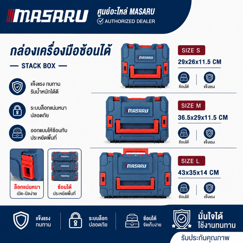ศูนย์อะไหล่ MASARU กล่องเก็บเครื่องมือช่าง ซ้อนเก็บได้ S/M/L กล่องเครื่องมือ แข็งแรง พกพาง่าย