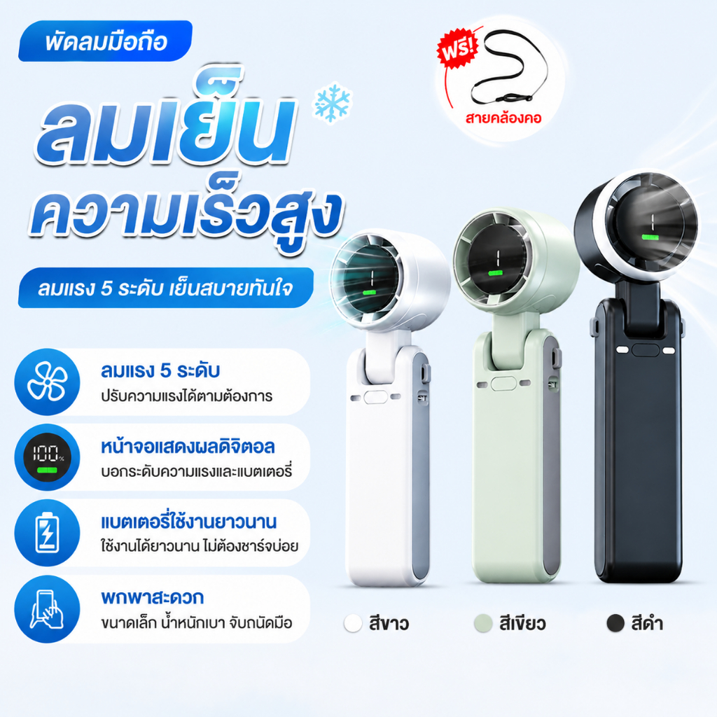 พัดลมมือถือ พัดลมพับได้ 4000mAh จอแสดงผล led 5 เกียร์ ลมแรง เงียบ เหมาะสำหรับตั้งแคมป์กลางแจ้ง พัดลมพกพ