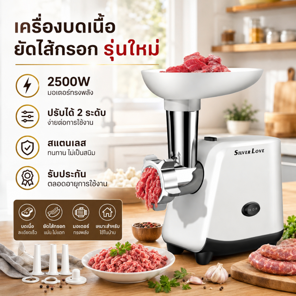 RAF【รับประกันถาวร】เครื่องปั่นบดเนื้อ เครื่องบดหมูไฟฟ้า บดเนื้อทำใส้กรอก กำลังสูง2500Wวัสดุสแตนเลส304 เนื้อบดอย่างรวดเร็ว