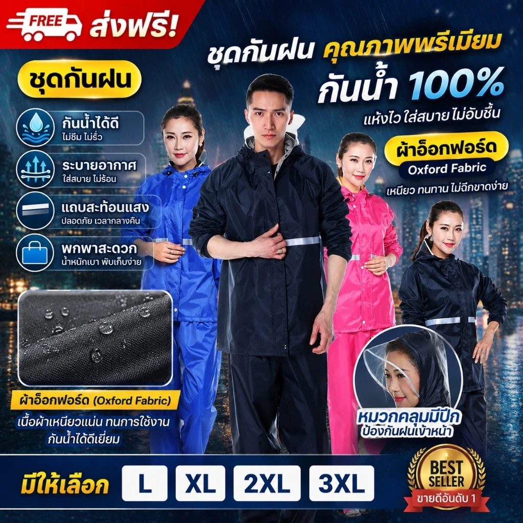 ชุดกันฝน เสื้อ+กางเกง ผ้าออกซ์ฟอร์ด กันน้ำ 100% มีแถบสะท้อนแสง กันลม ระบายอากาศดี