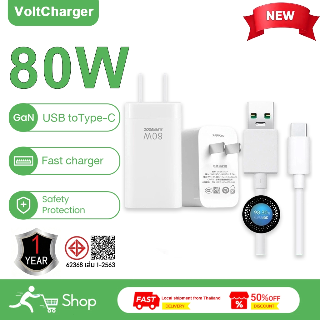 【นค้าแท้ 100%】ชุดชาร์จ OPPO VOOC สายชาร์จ 80W SUPER fast charger เหมาะสำหรับ RENO series ทุกรุ่น