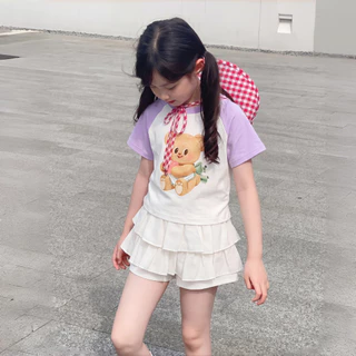 PRINCESS KESLI เสื้อยืดเด็กผู้หญิง เสื้อยืดเด็ก เสื้อแขนสั้นเด็ก ลายหมีน่ารัก ผ้าฝ้ายนุ่ม คอตวกลม 2-12 ปี