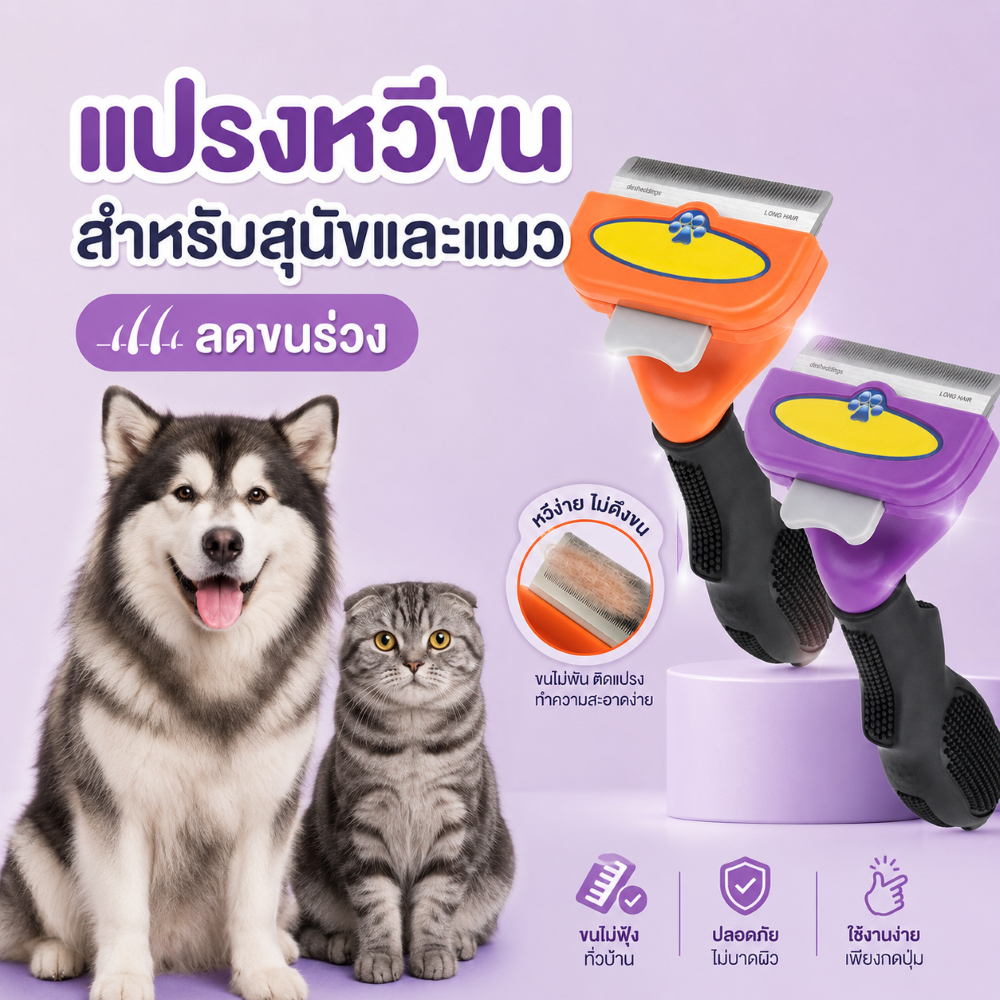 หวีแปรงกำจัดขนร่วง ใช้หวีขนที่หลุดร่วงบนตัวสุนัขและแมว