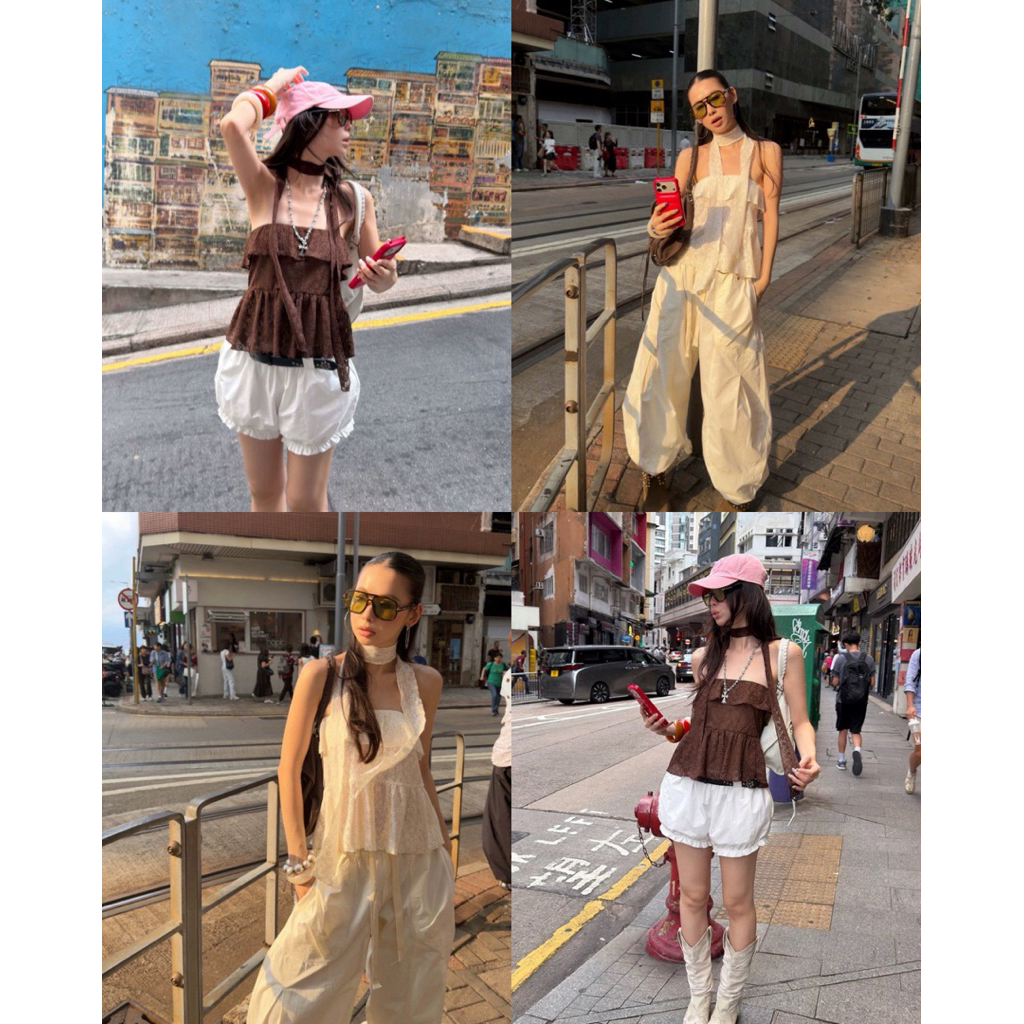 G1038-เสื้อเกาะอกลูกไม้กึ่งซีทรู+โช้คเกอร์ glamorg