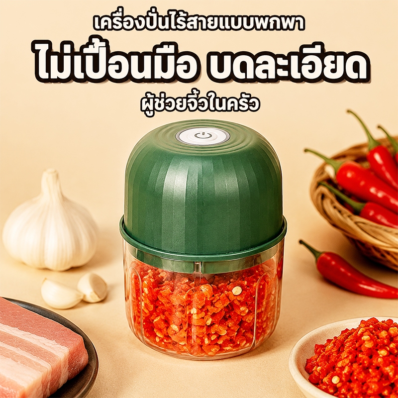 เครื่องปั่นอเนกประสงค์  3ใบมีด เครื่องปั่นพริกกระเทียม 300ML USB บดสับผัก ผลไม้ เนื้อ เกรดอาหารเด็ก ไม่เปื้อนมือ