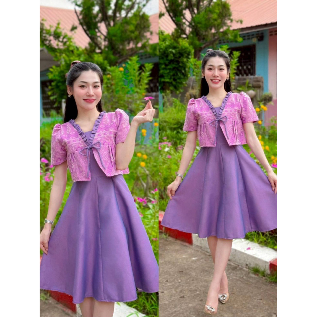 เดรสทรงย้วยตัดต่อ 8 ชิ้น ผ้ามัดหมี่ทอลาย  อัดกาวทั้งชุด  ใส่แล้วปังแล้วสวยทุกคนเลยจ้า